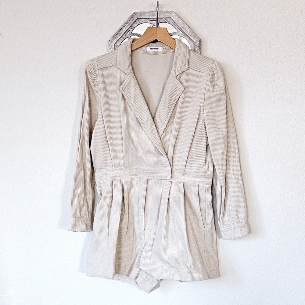 Day + Moon • Beige Corduroy Blazer Romper Long Sleeve Pleated Utility Playsuit